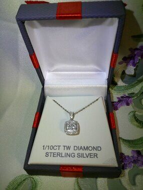 1/10 CTW Diamond Halo Necklace Square Pendant Silver w Chain $125 NEW IN BOX